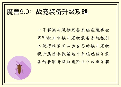 魔兽9.0：战宠装备升级攻略